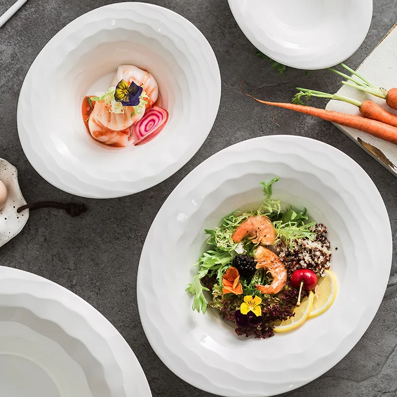 Nordic Style Irregular Porcelain Salad Bowl Minimalist Hotel Restaurant Unique Embossed White Ceramic Soup Salad Bowl