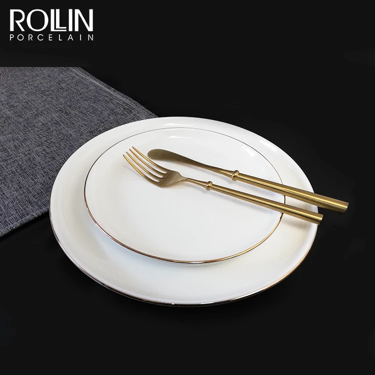 Белая тарелка, фарфоровая золотая оправа, белая обеденная тарелка, керамический набор столовой посуды для ресторана