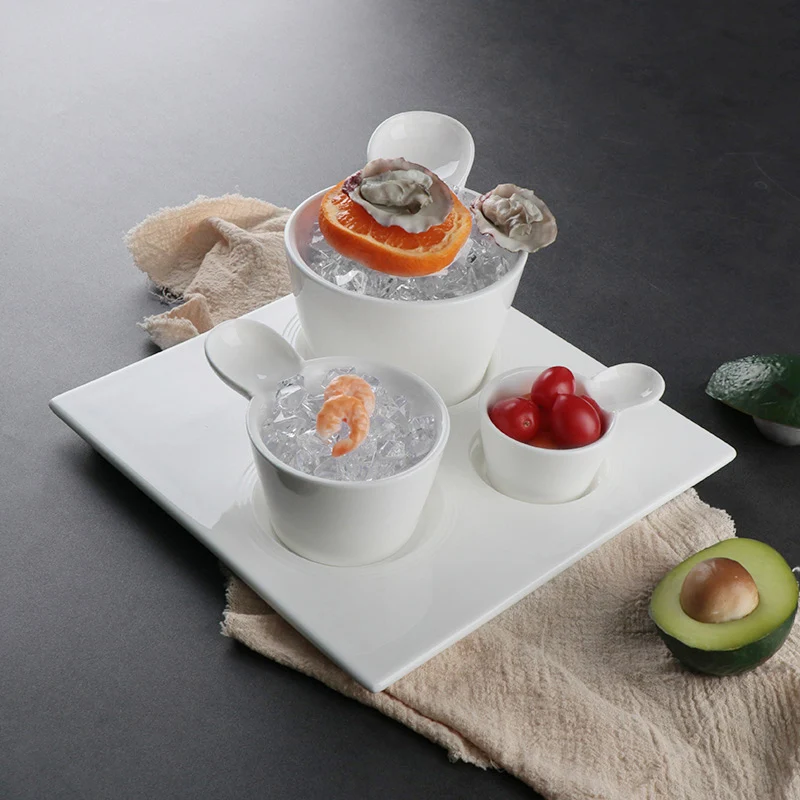 Новый дизайн, белая кейтеринговая свадьба, нестандартная большая фарфоровая тарелка для мороженого, керамическая салатница с ручкой для ресторана