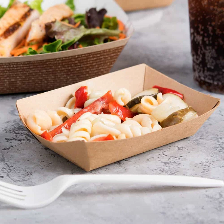Индивидуальный логотип Биоразлагаемый одноразовый бумажный лоток для пищевых продуктов Контейнер для упаковки гамбургеров для хот-догов и кебаба Пищевая лодка Крафт-вафли Закуски