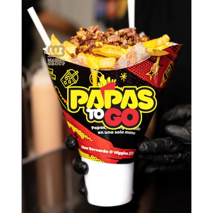 Одноразовая чашка для картофеля фри на вынос Papas Fritas Бумажный конус Одноразовые контейнеры для еды Оптовая продажа 2 в 1 Чашка для закусок и напитков