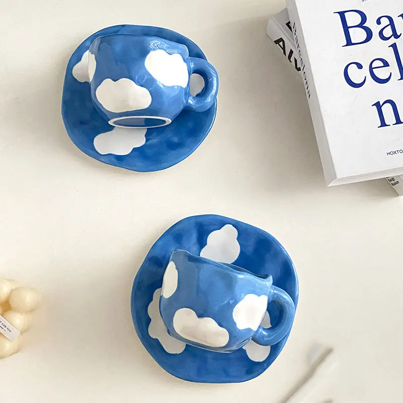 Eco-Friendly Japanese Hand Painted Blue Sky and White Clouds Coffee Cup with Saucer for Gifts and Occasions-MOQ 10 Pcs