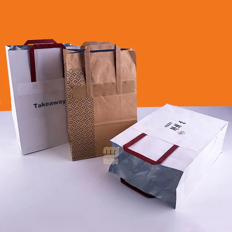 Бело-коричневый изолированный мешок из крафт-бумаги на вынос, упаковка для обеда, алюминиевая термосумка, бумажные пакеты на вынос, изготовленные на заказ