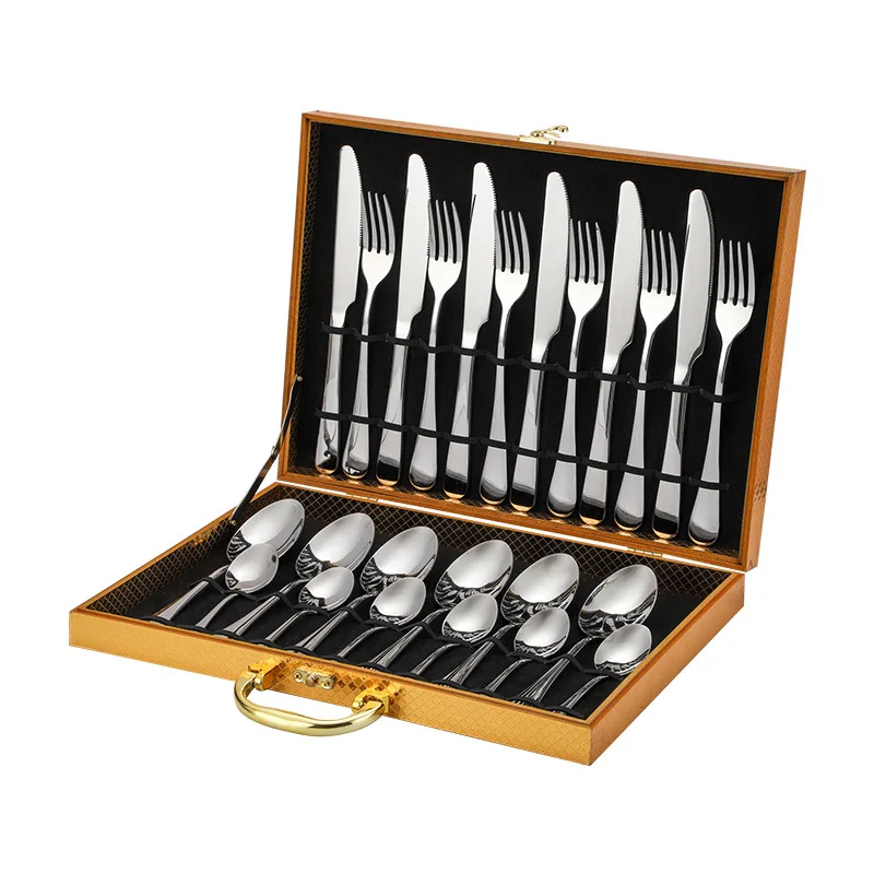 16/24PCS Stainless Steel European Western Steak Knife Fork Spoon Wood Handle Gift Set Cutlery Set