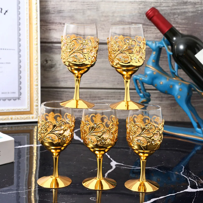 European Metal Iron Glass Cup Household Creative Liquor Cup Goblet Wedding Gift Set Light Luxury Style Golden Hollow Wine Glass