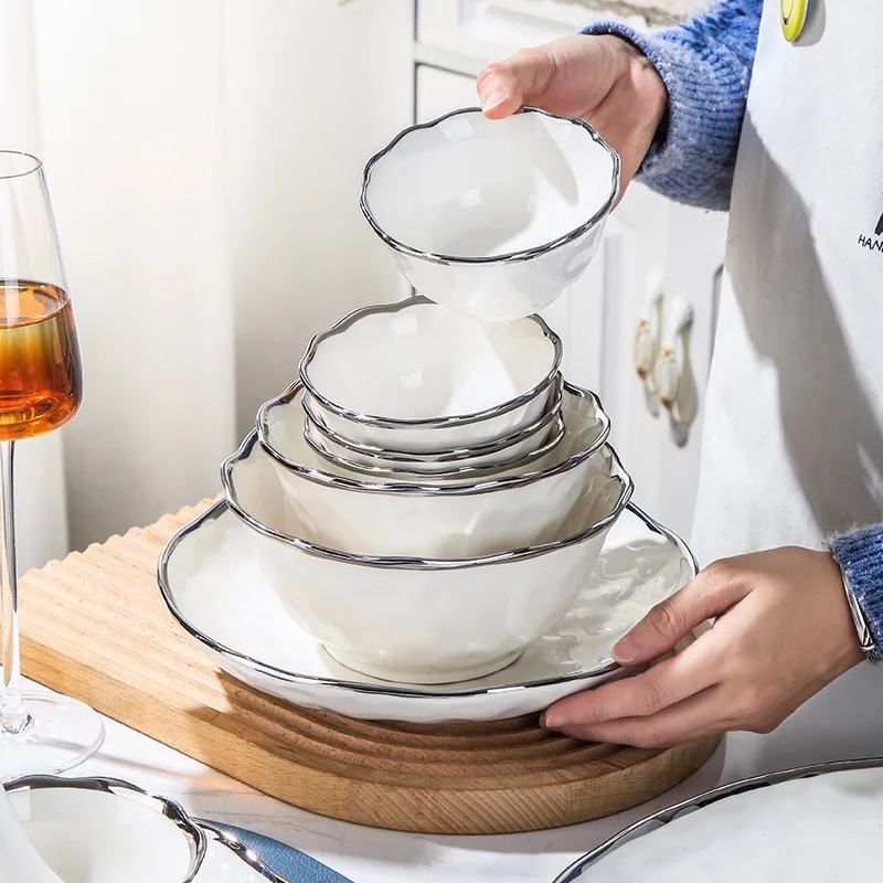 High Quality Classic Minimalism White Ceramic Dinnerware Set Silver Edge Porcelain Tableware for Weddings Parties Includes Plate