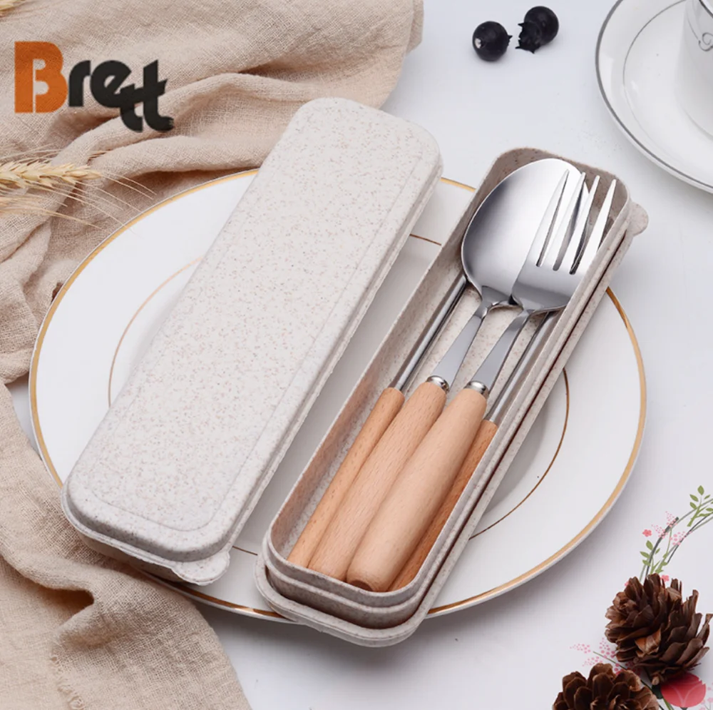 Детская посуда, портативная, 3 шт., столовые приборы из нержавеющей стали с деревянной ручкой, детский набор столовых приборов, ложка для супа, вилка, палочки для еды