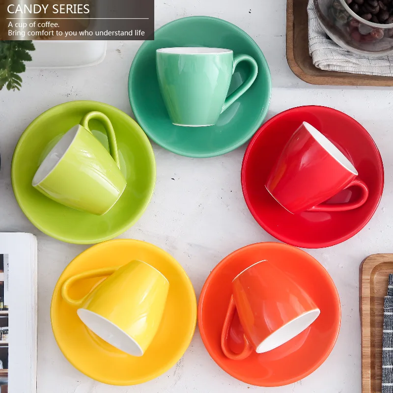 Custom 80cc Glazed Coffee Cup Set Nordic Candy Color Ceramic Cups & Saucer Porcelain Espresso Coffee Mug