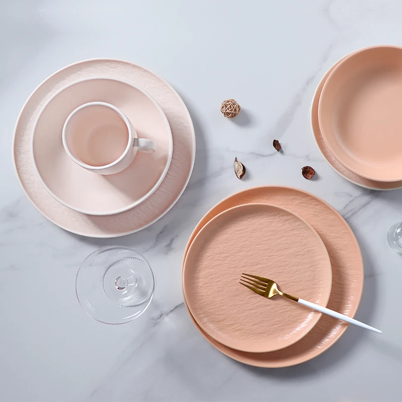 Скандинавская розовая посуда, наборы керамических тарелок, столовая посуда, Rock Veins, оранжевый фарфоровый керамический набор для банкета