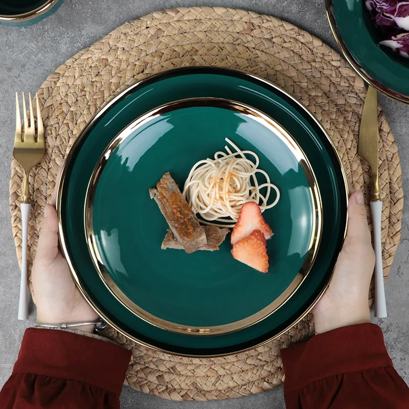 Роскошная керамическая тарелка, обеденная посуда, зеленая и золотая тарелка для ресторана, ресторана, керамическая посуда, обеденные тарелки с золотой оправой