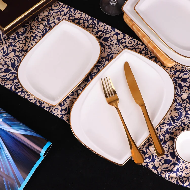 Bulk European Style Gold Rimmed  Ceramic Dish Fruit Dish Deep Wholesale Restaurant Square Dinner White Dinner Plates