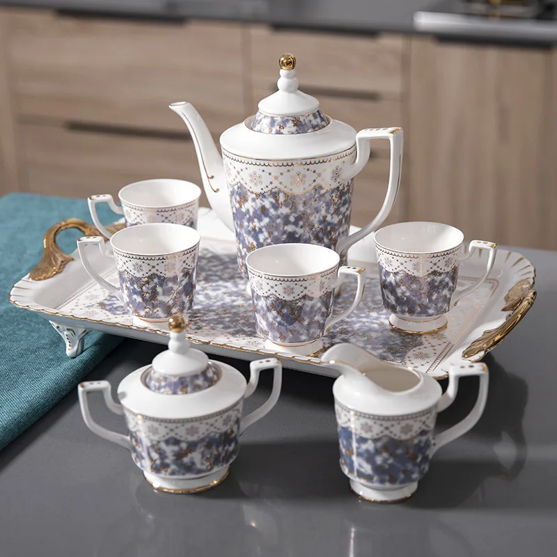 8 PCS European Afternoon Tea Gold Rim Ceramic Coffee Pot and Cups Set With Tray Vintage Purple Tea Cup TeaPot Set