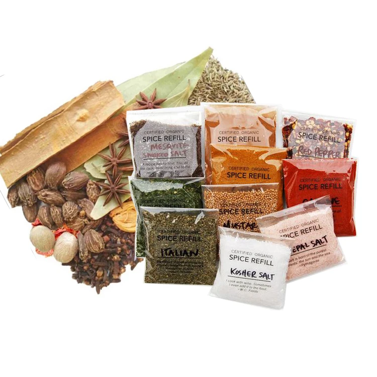 Напечатанный на заказ экологически чистый биоразлагаемый прозрачный пластиковый мешок для пищевых специй с 3 боковыми уплотнениями, упаковочный мешок для специй