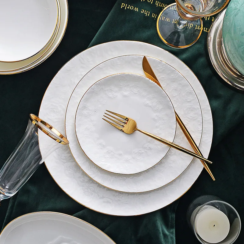 Hot Selling Relief Ceramic Bowl Plate Bone China Tableware Set Restaurant Ceramic Dinner Plate Set