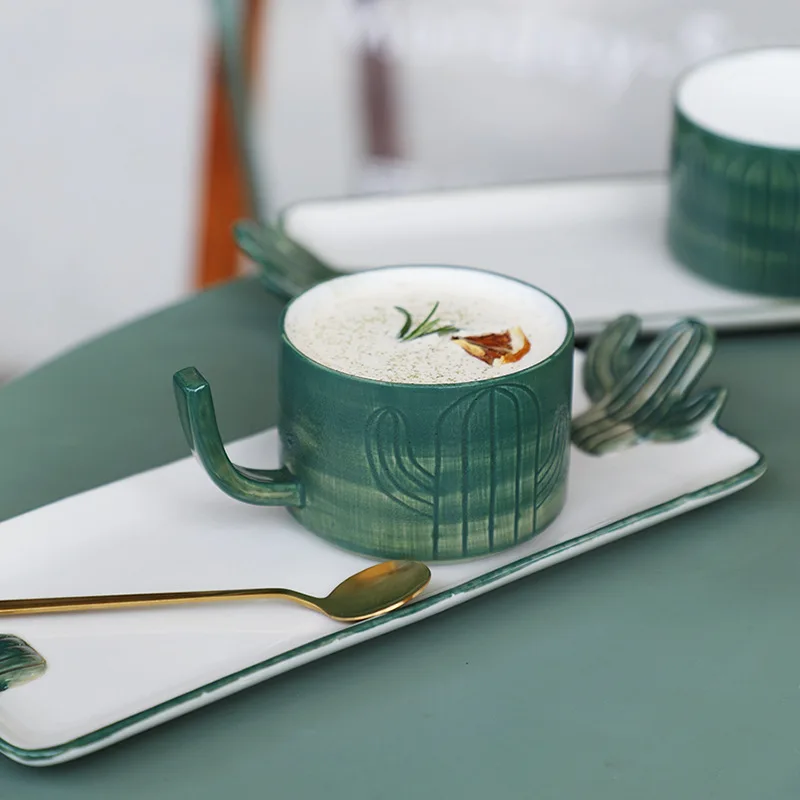 Creative Ceramic Coffee Cup & Dessert/Cake Plate Set Hand-Colored Butterfly & Cactus Design Elegant Style Combination