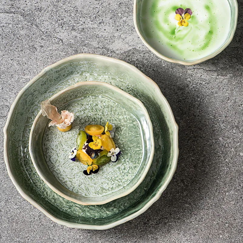 Зеленая фарфоровая тарелка, набор столовой посуды, кухонная посуда для ресторанов, фарфоровая посуда, скандинавская крапинка, реактивная для столовой