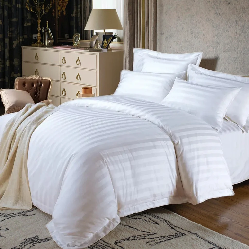 Роскошный комплект постельного белья из 100% хлопка в полоску 3 см для отелей, белые вышитые простыни, одеяла, простой стиль для 5-звездочных гостиниц