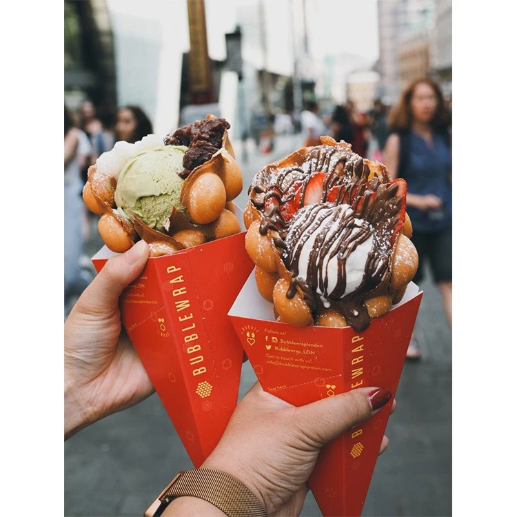 Напечатанные на заказ экологически чистые биоразлагаемые конусы для упаковки пищевых продуктов на вынос для крепов, крафт-бумага, чашка для мороженого, держатель для яиц и вафель