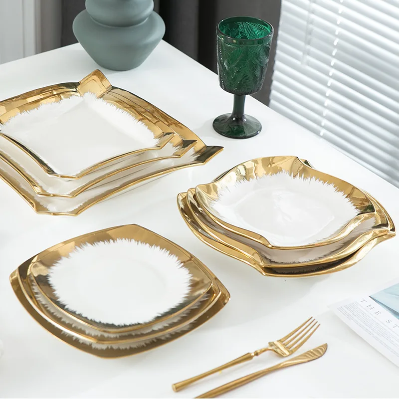 Nordic Luxury Gilt-Edged Ceramic Plate Modern Dim Sum Fruit Breakfast Dishes Salad Cake Steak Plate Home Use Restaurant
