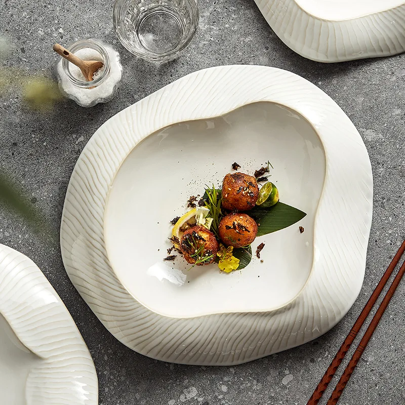Hot Selling Creative Irregular Bevel Porcelain White Dinner Plates Tableware Dessert Salad Dishes Plates