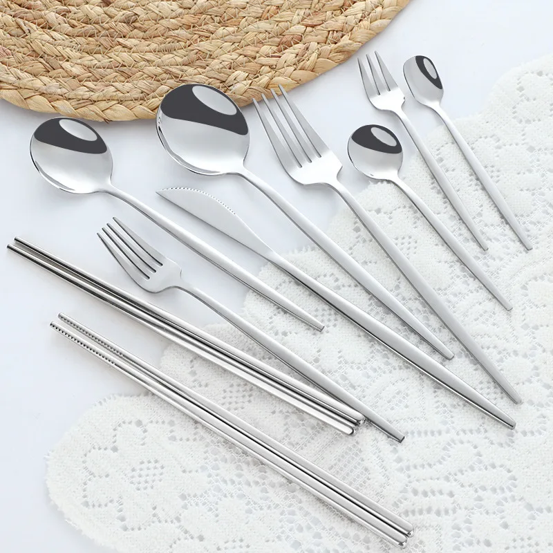 Wholesale Stainless Steel Knives Forks Spoons  Western Tableware Gold-plated Dessert Chopsticks Spoon and Fork Set Stainless