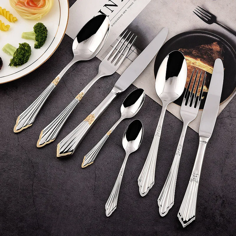 Western Steak Knife Fork and Spoon Western Flatware Set Hotel Supplies Embossed Gold Plated 304 Stainless Steel Knife and Fork