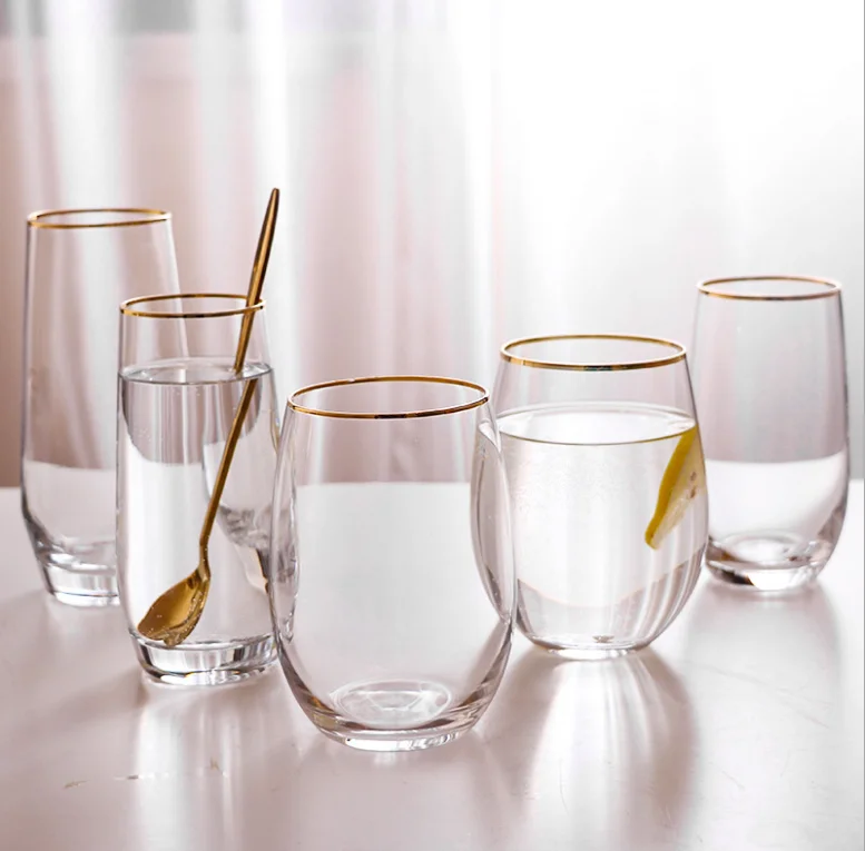 Производитель стеклянной посуды Посуда для напитков Индивидуальный бокал для вина в форме яйца Праздничная стеклянная чашка для воды и сока с золотой оправой