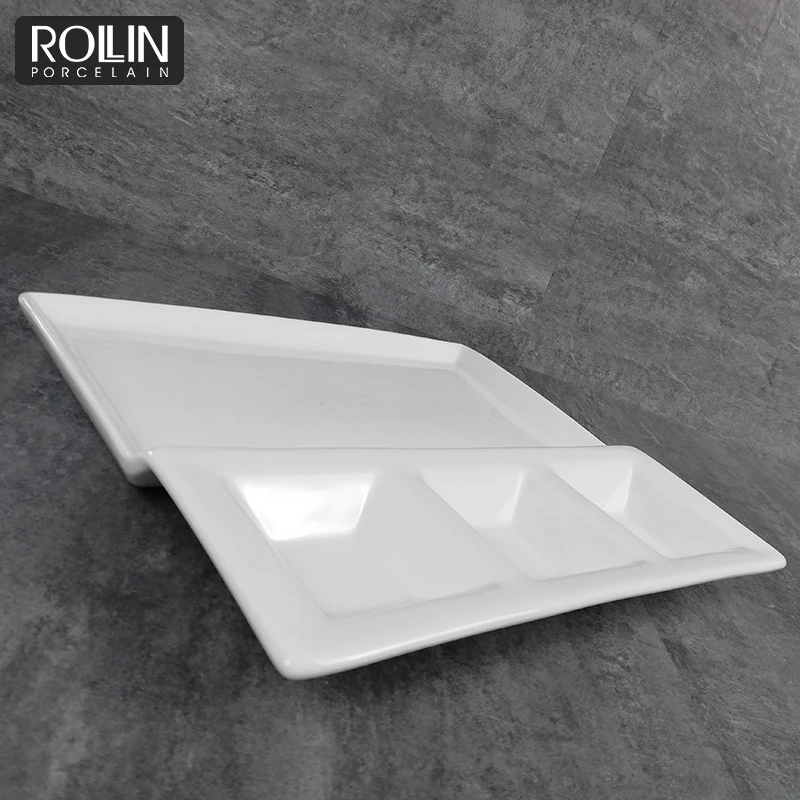 Китай оптовая продажа обеденная тарелка ресторан отеля на заказ белый разделенный фарфоровый поднос для обеда керамические тарелки для сервировки еды