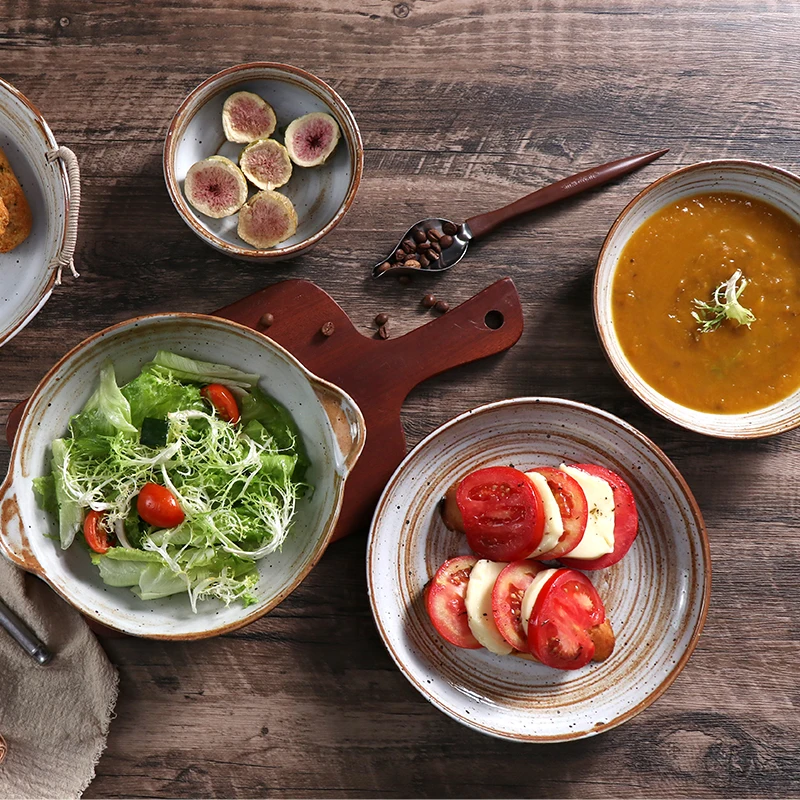 Винтажная круглая тарелка, посуда, посуда, керамическая тарелка для микроволновой печи, фарфоровая стандартная основная тарелка для ресторана, отеля