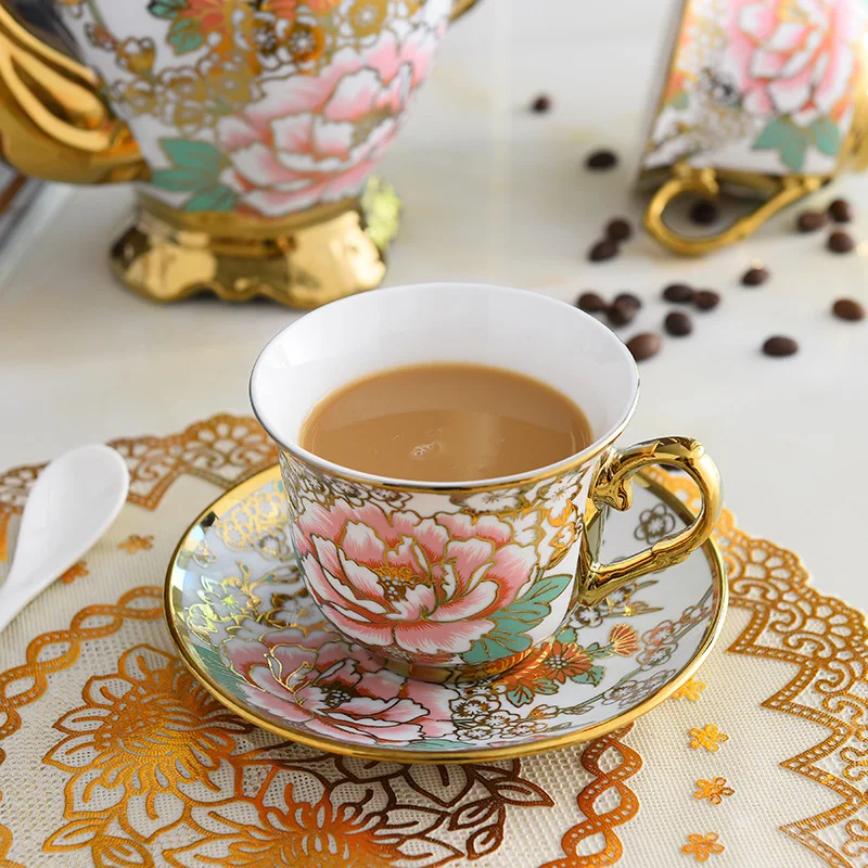 Luxury Gold-Plated European Coffee Cup Set Creative Flower Tea Ceramics for British Living Room Retro Home Decor