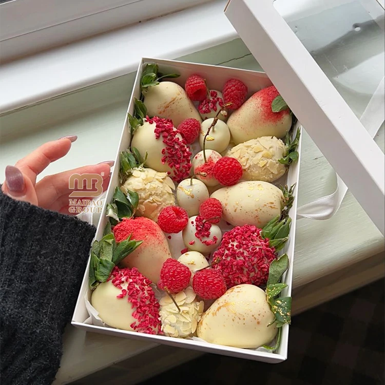 Бумажная пустая шоколадная коробка для конфет на заказ, сладкие подарочные шоколадные коробки с клубникой для упаковки трюфельных шоколадных коробок с прозрачной крышкой