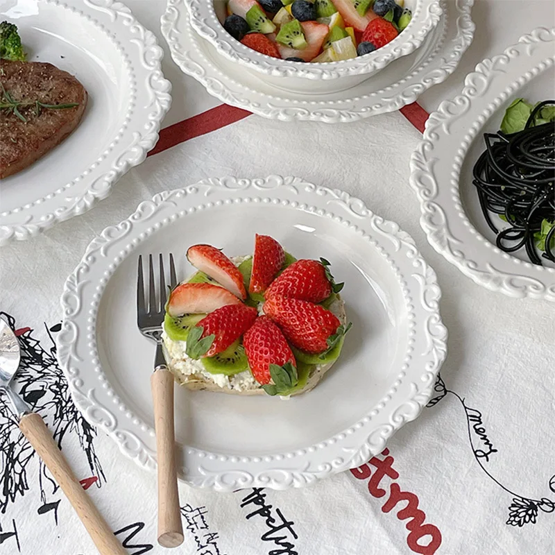 European Retro Palace White Lace Ceramic Soup Eco-Friendly Western Food Pasta Shape Super Relief for Hotel Party Wholesale
