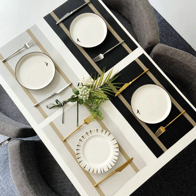 Золотые тканые подставки для столовых приборов Темно-синие, бежевые салфетки с прожилками Моющиеся коврики для обеденного стола из ПВХ Жаростойкие устойчивые тканые коврики для столовых приборов