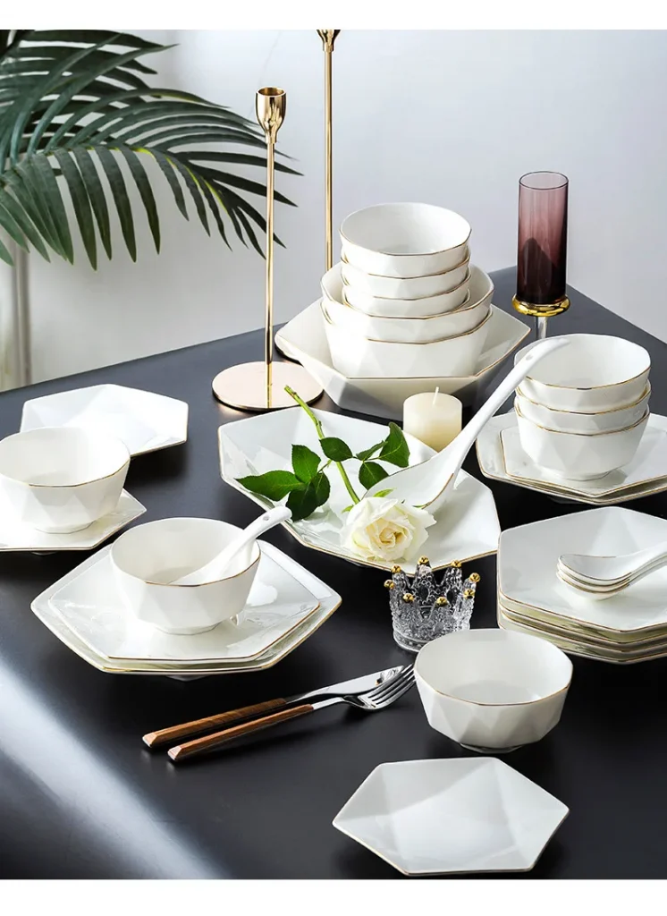 Chinese Factory Price Dish Set Custom Hexagonal White Food Plates Set Dinnerware Tableware Set With Gift Box