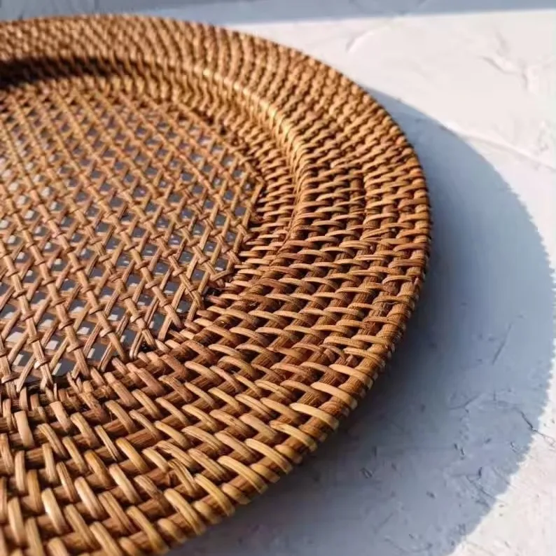 Зарядная тарелка из натурального ротанга в винтажном стиле, тканая подставка для столовых приборов из натурального ротанга, круглые коврики для стола для демонстрации тарелок с едой
