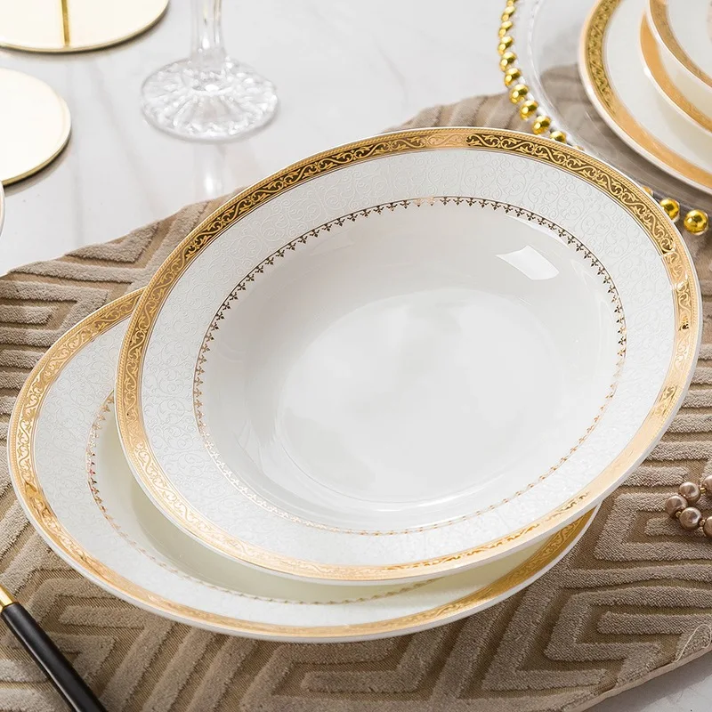 60 PCS Gold Rim Bone China Porcelain Dinner Plate Set Luxury Ceramic Tableware Sets