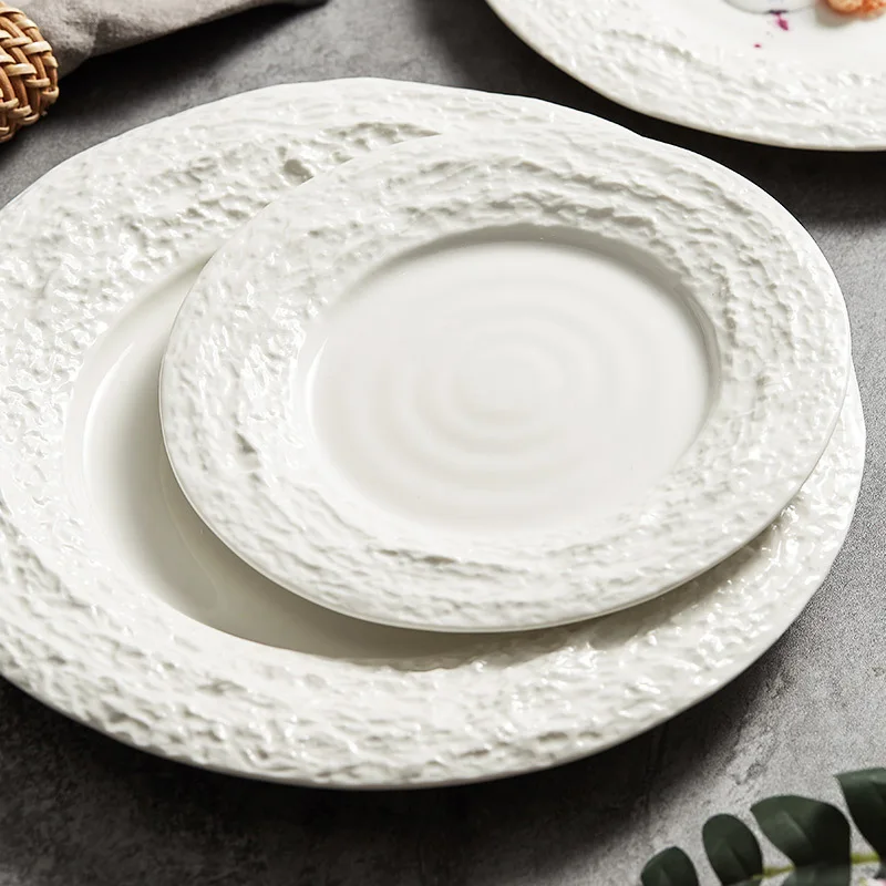 White Ceramic Flat Serving Dish with Rock Pattern for Dessert Steak Dinner Restaurant Tableware Pottery Dinnerware