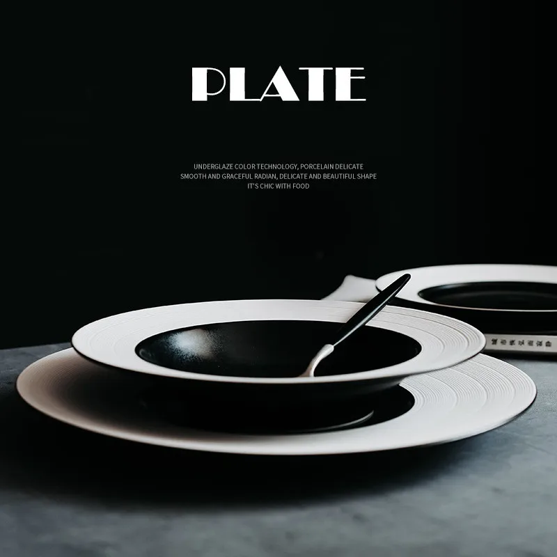 Hotel Restaurant Matte Black White Ceramic Dinner Plates Deep Dishes for Pasta Soup Straw Hat Plate for Pasta Soup Restaurant