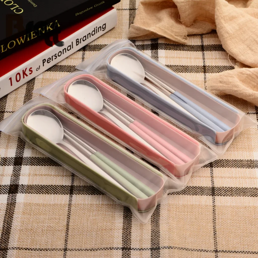 Подарочная ложка из нержавеющей стали 304, портативная посуда для студентов, креативный набор из двух пшеничных палочек для еды