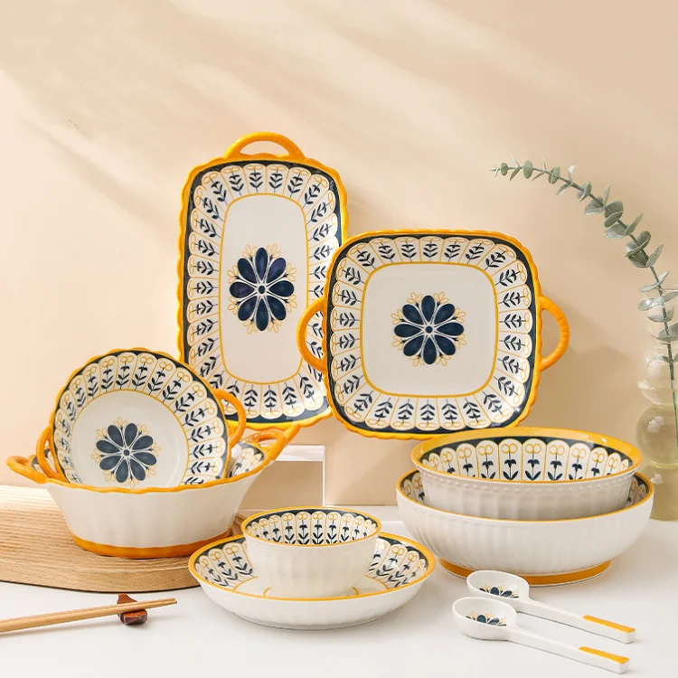 Hot Selling Nordic Style Bohemian Ceramic Tableware Set Bowls & Plate & Soup Ladle Dishes Tableware for Household Party