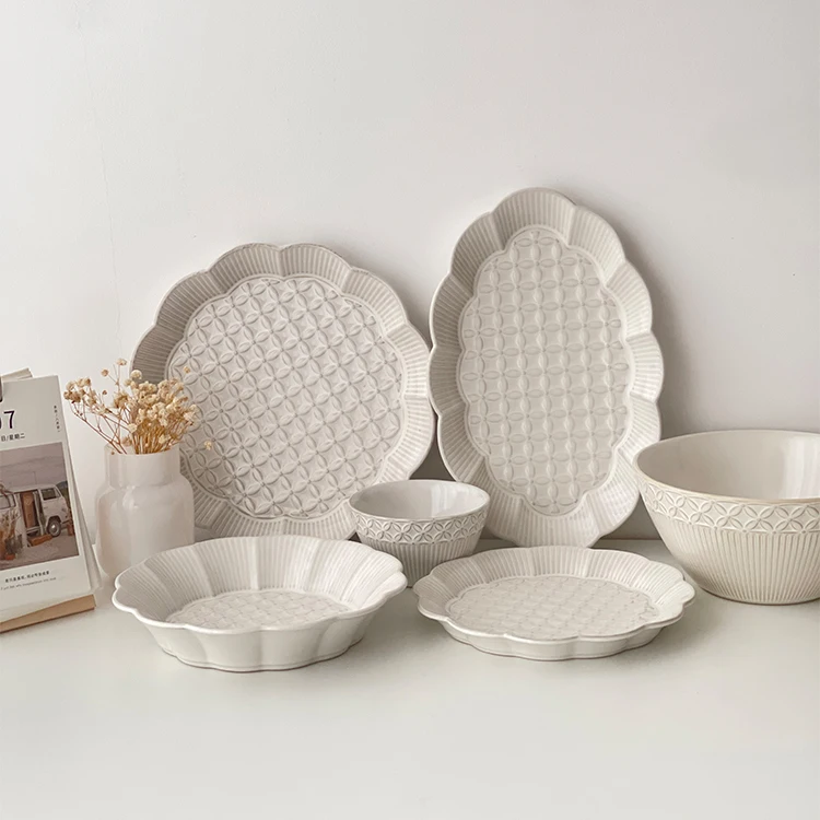 Embossed White Square Dish Plate Oval Hotel Rice Bowl Ceramic Dinnerware Tableware