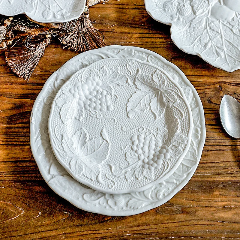 French Relief Ceramic Dishes With Grape Pattern Western Style Steak Plates Vintage Dessert Plate White Dinnerware