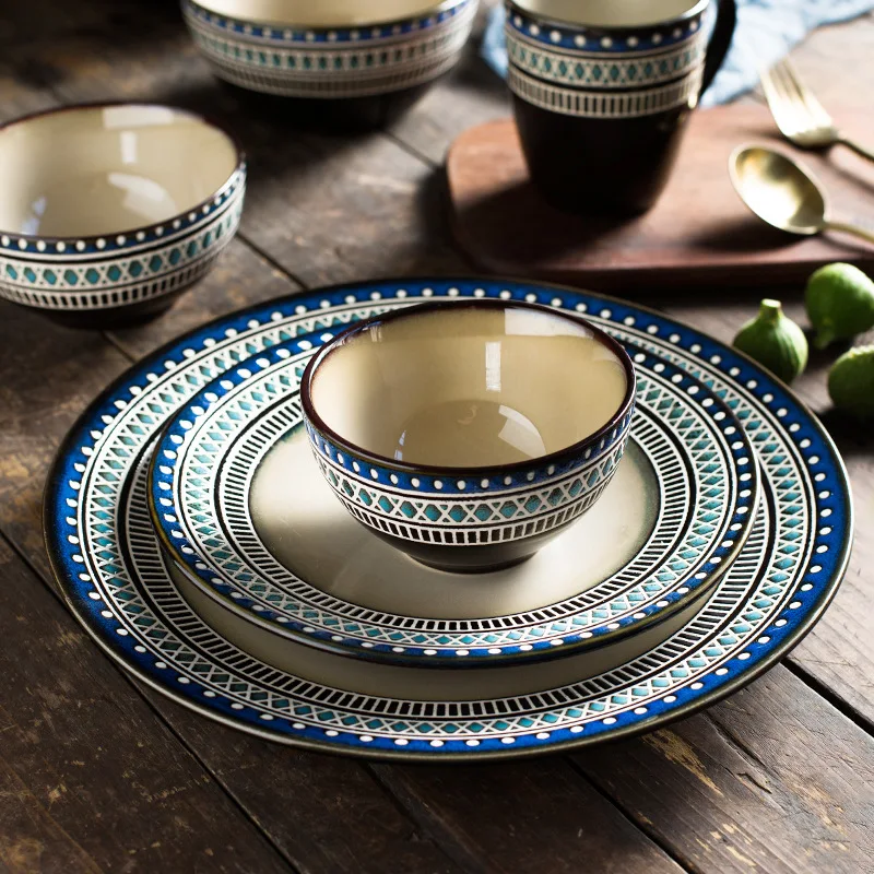Nordic Emboss Pattern Ceramic Tableware Set Creative Eco-Friendly Dish for Pasta Soup Large Bowl Fish Plate for Household Use