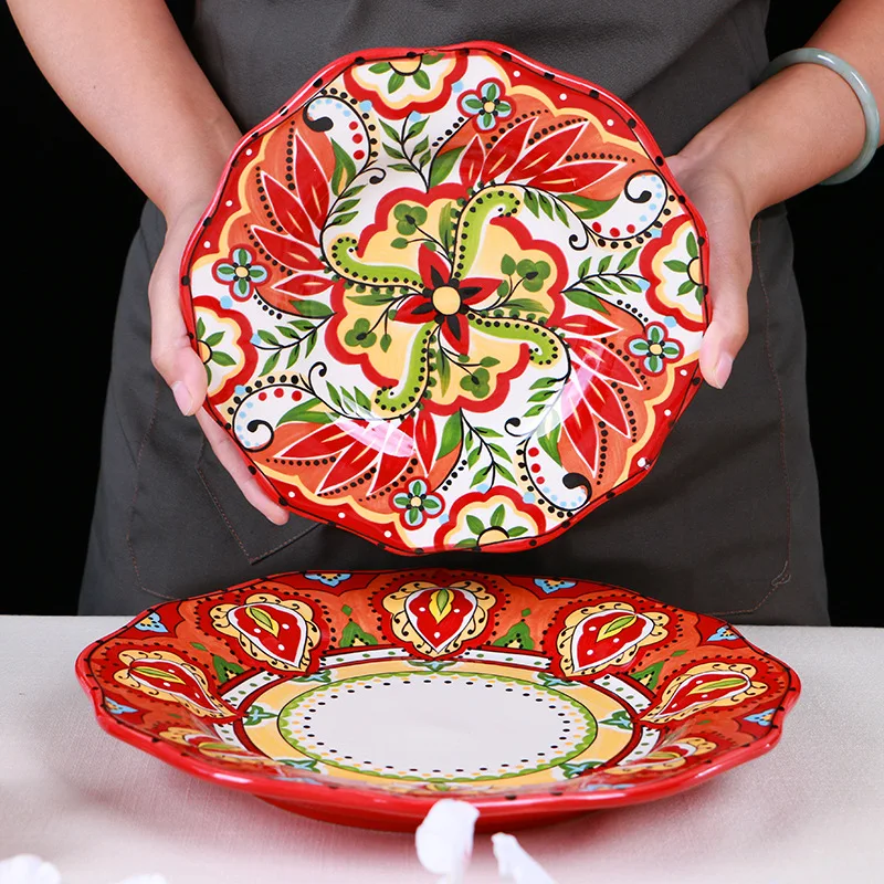Bohemian Unique Style Rice Salad Floral Design Round Dinner Ceramic Nordic Porcelain Dessert Plate