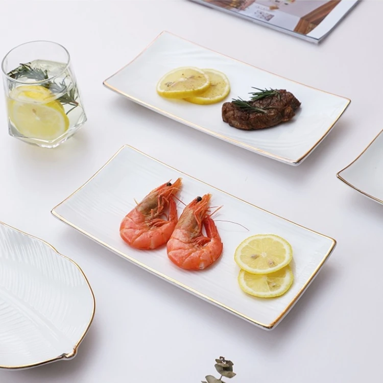 New European Style Gold Edge White Dining Plate Customized Ceramic Plate Rectangular Dish Plate