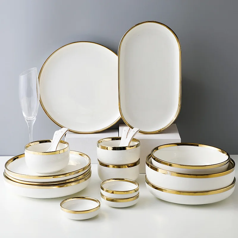 White Golden Rim Dinnerware Set Porcelain Luxury Rice Bowl Tableware Set White and Gold Plate Set Nordic Style Ceramic Modern