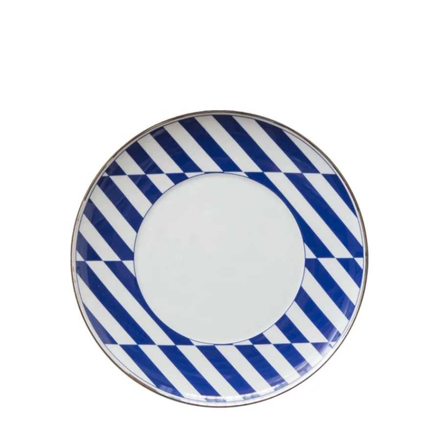 Vintage Tableware Creative Blue Striped Bone China Dinner Plate Restaurant Dinner Ceramic Plate