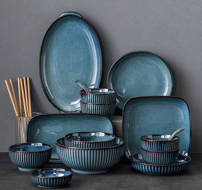 Синий фарфоровый набор столовой посуды в скандинавском стиле, европейский роскошный оптовый набор керамических блюд и тарелок для дома, отеля, ресторана, набор мисок