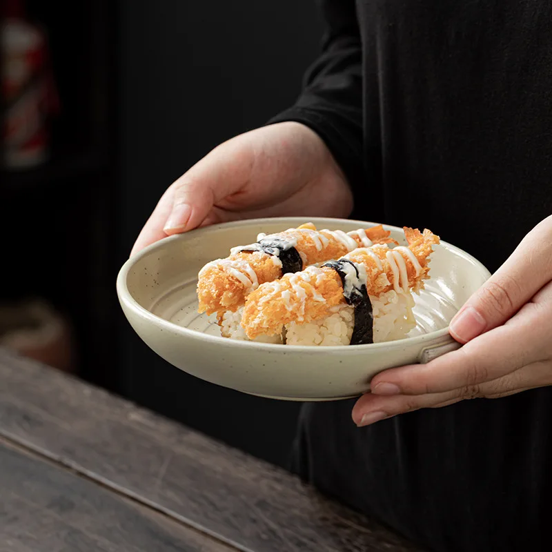 Vintage Coarse Pottery Double Ear Plates Hotel Restaurant Dishes Tableware Home to Make Old Deep Dish