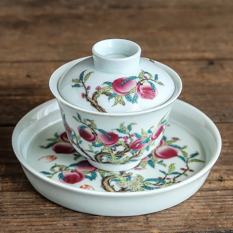 Antique Blue and White Glazed Porcelain Tea Bowl Covered Ceramic Kung Fu Saucer Set Chinese Design for Party Occasions